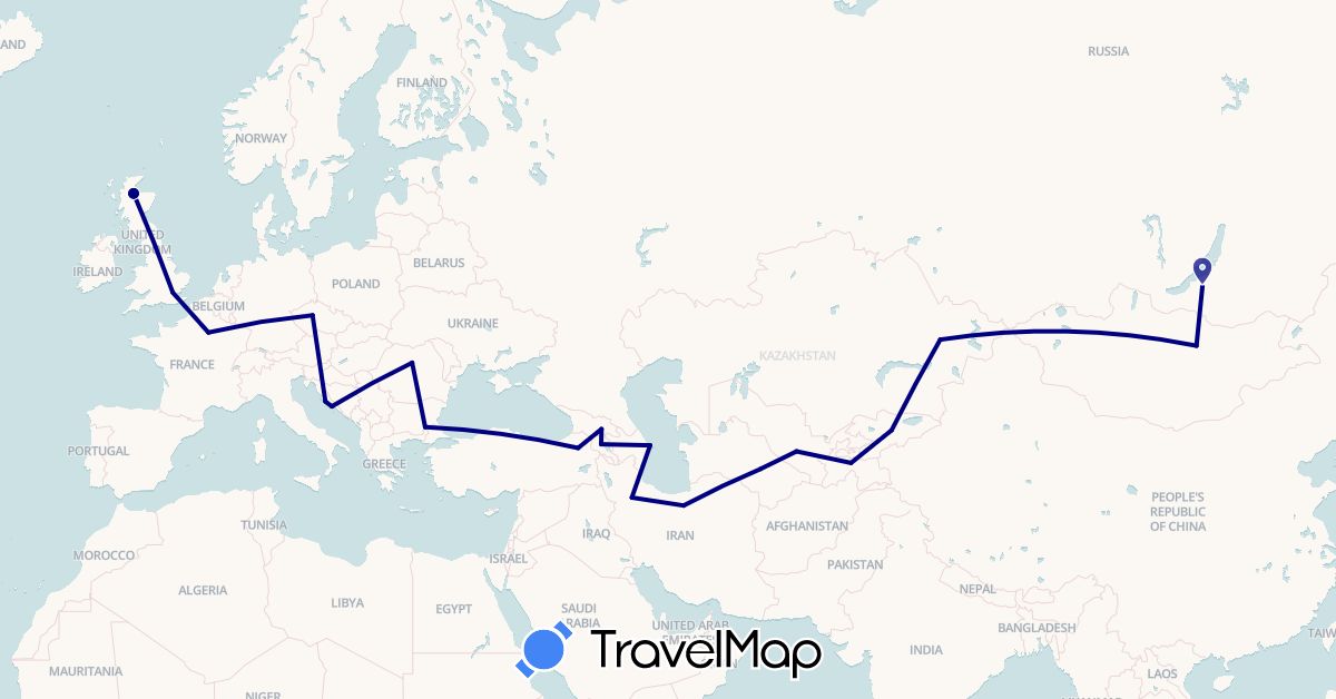 TravelMap itinerary: driving in Armenia, Azerbaijan, Bulgaria, Czech Republic, France, United Kingdom, Georgia, Croatia, Iran, Kyrgyzstan, Kazakhstan, Mongolia, Romania, Russia, Tajikistan, Turkmenistan, Turkey, Uzbekistan (Asia, Europe)